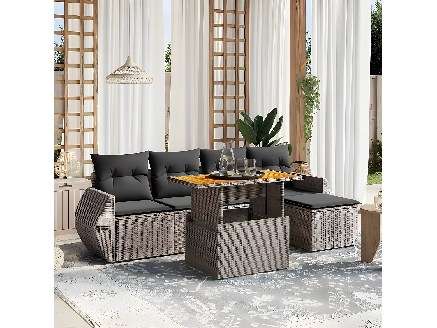 Salon de jardin 6 pcs avec coussins gris résine tressée