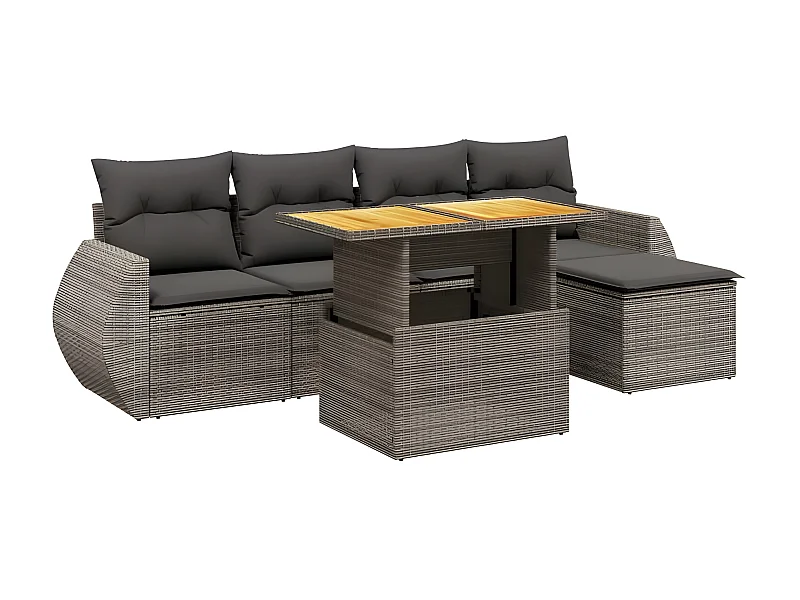 Salon de jardin 6 pcs avec coussins gris résine tressée