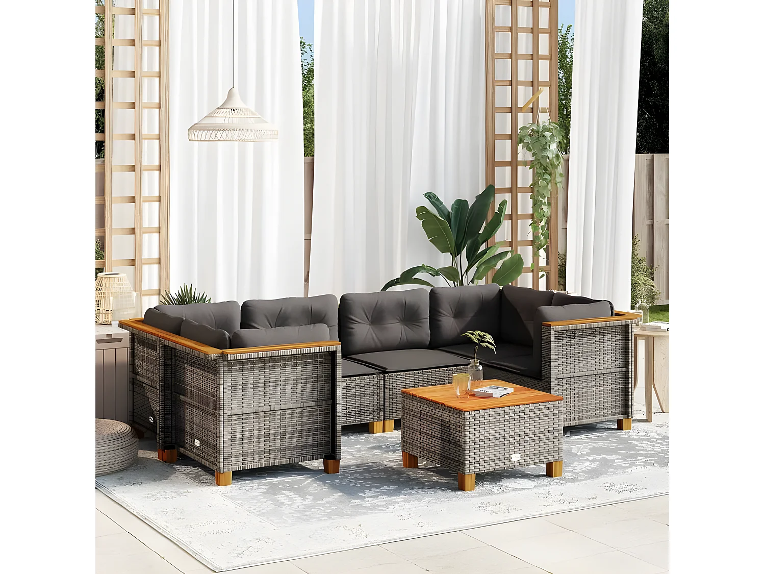 Salon de jardin avec coussins 7 pcs gris résine tressée