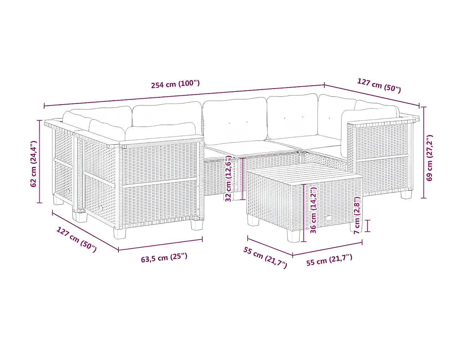 Salon de jardin avec coussins 7 pcs gris résine tressée