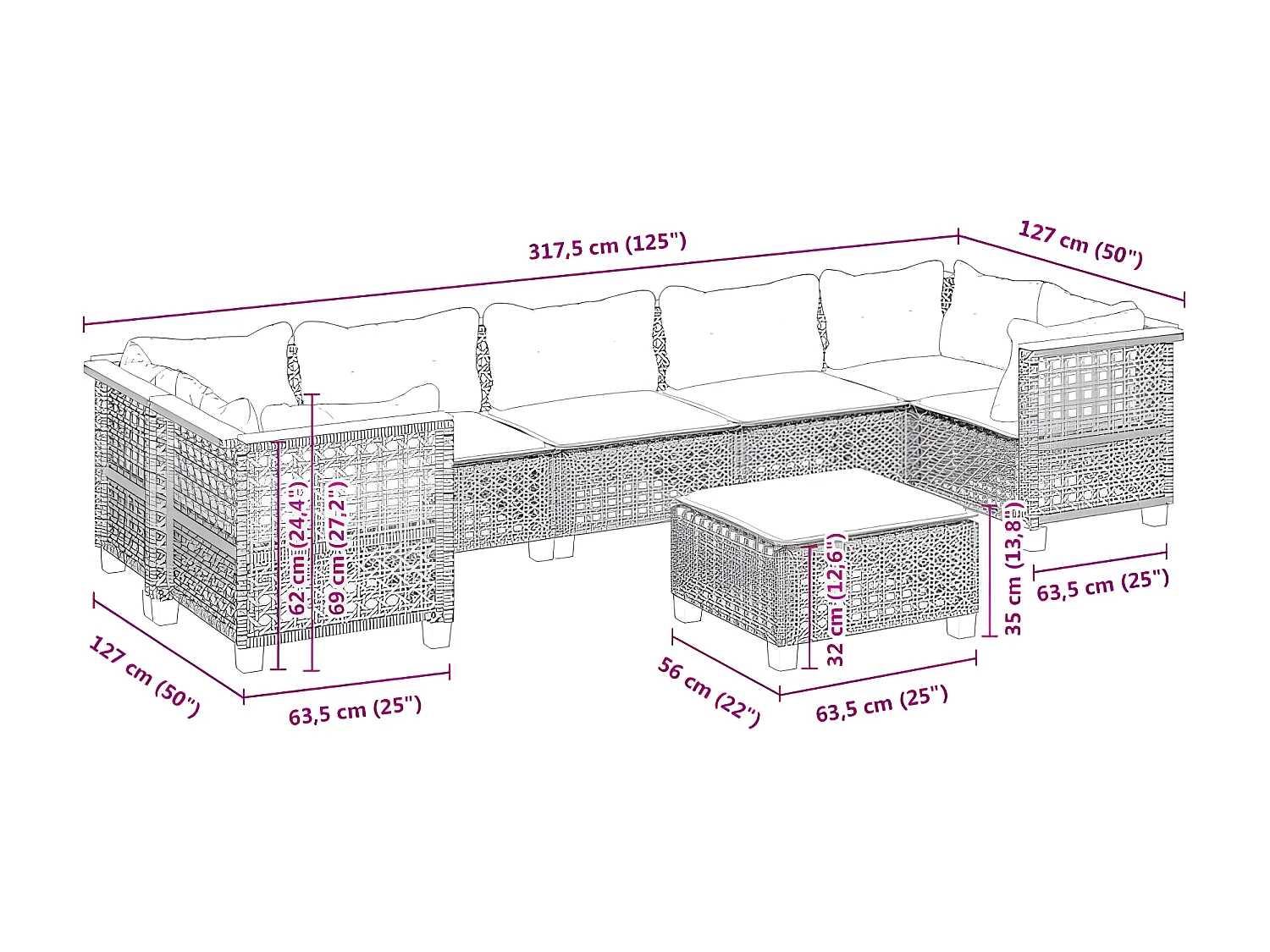 Salon de jardin 8 pcs avec coussins noir résine tressée