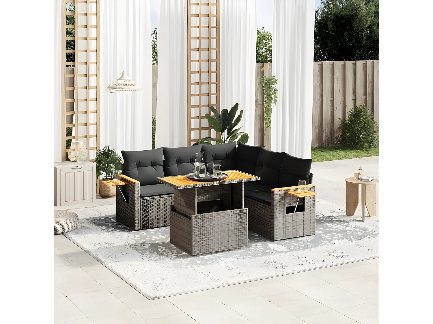 Salon de jardin 6 pcs avec coussins gris résine tressée