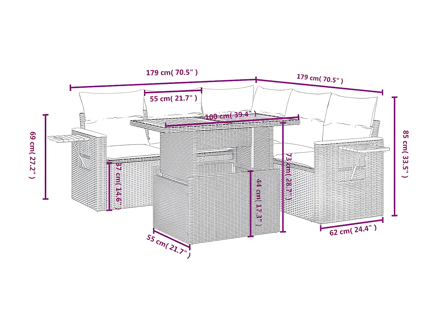 Salon de jardin 6 pcs avec coussins gris résine tressée