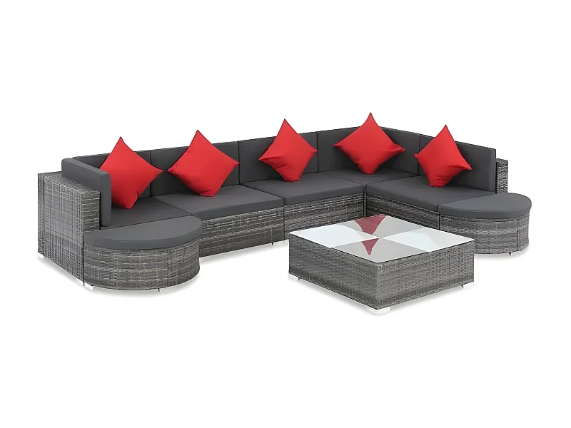 Salon de jardin 8 pièces résine tressée coussins gris et rouge Kim