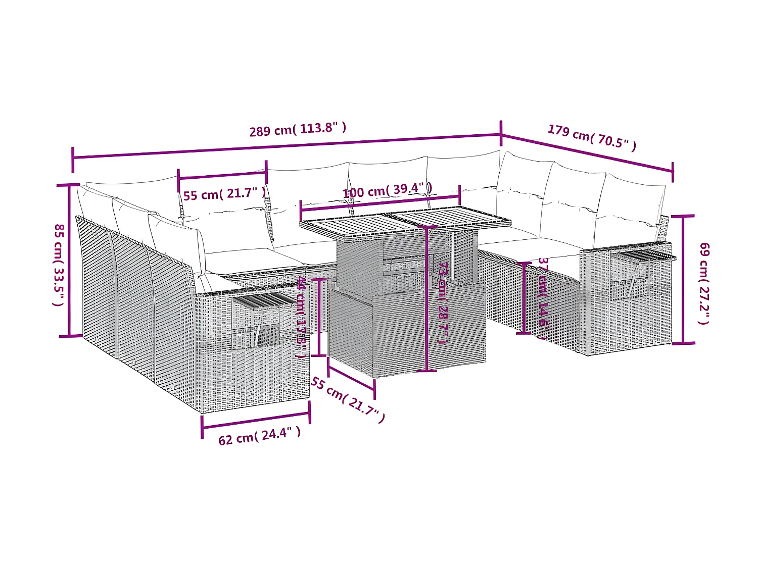 Salon de jardin avec coussins 10 pcs gris résine tressée