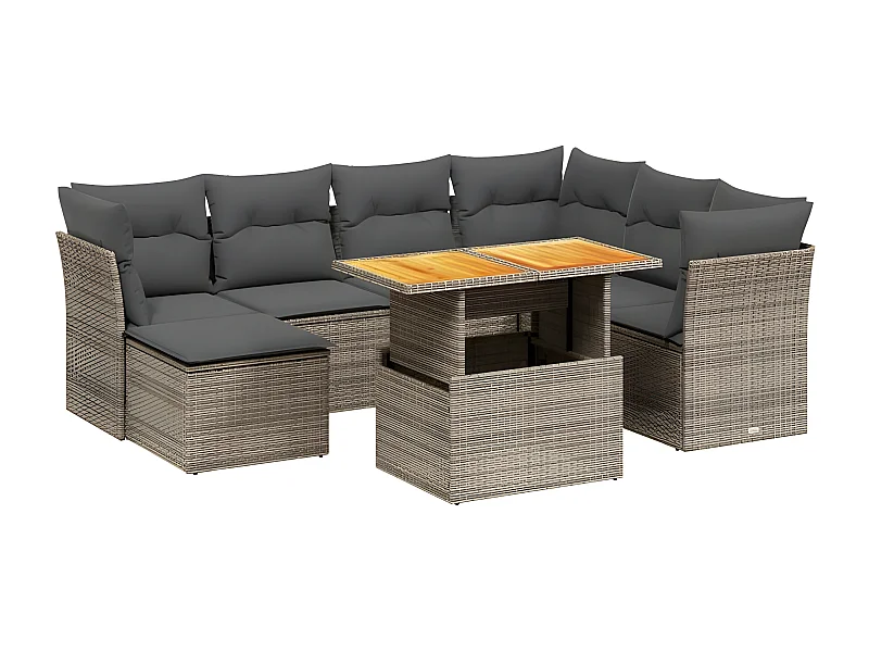 Salon de jardin 8 pcs avec coussins gris résine tressée