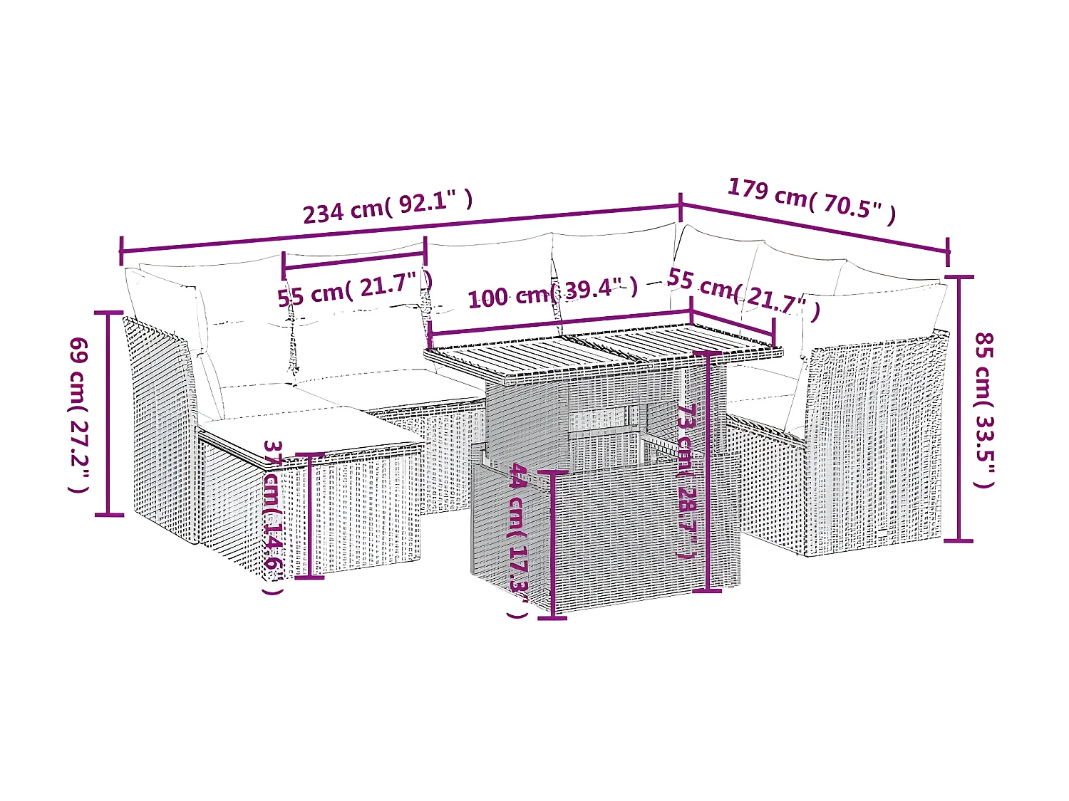 Salon de jardin 8 pcs avec coussins gris résine tressée