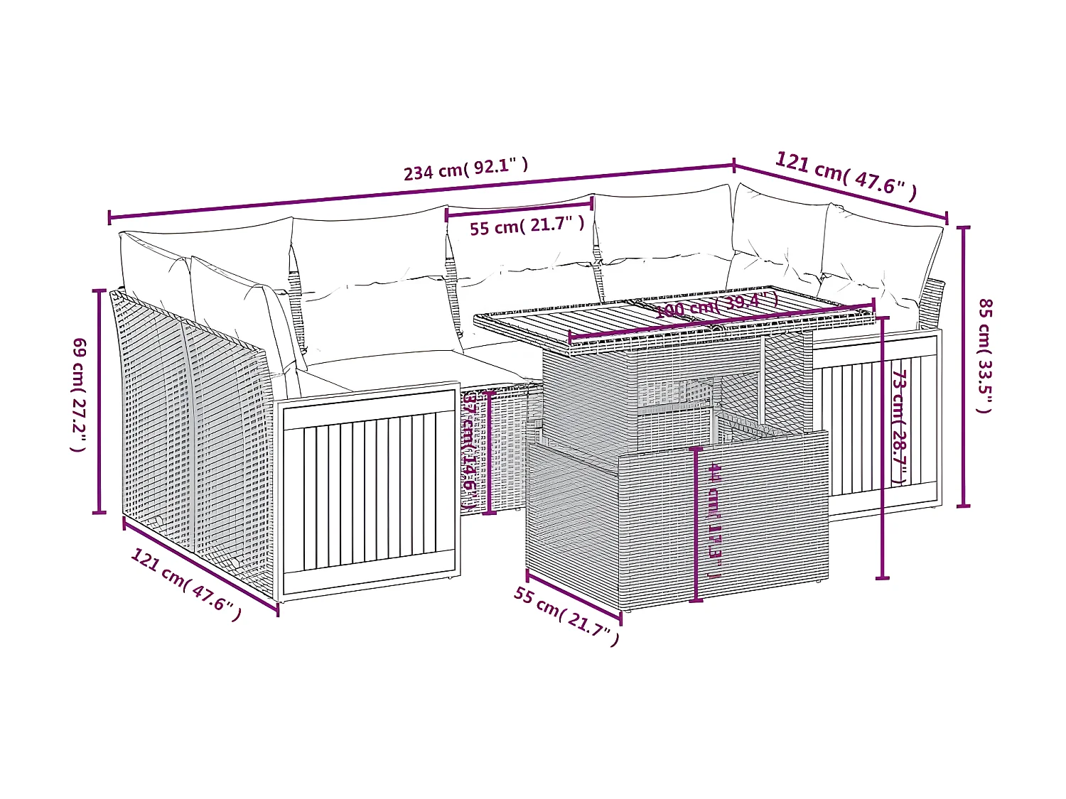 Salon de jardin avec coussins 7 pcs gris résine tressée