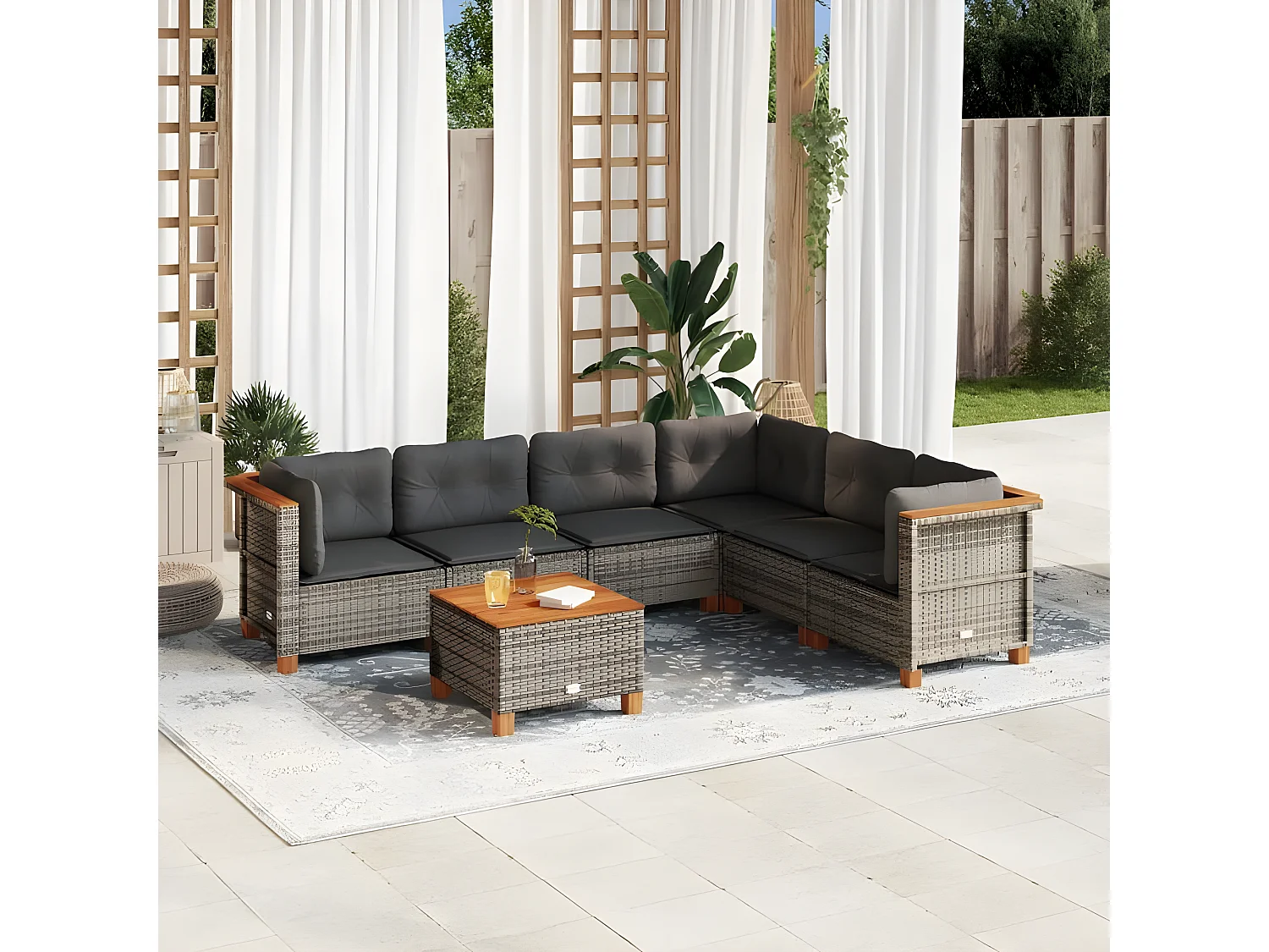 Salon de jardin avec coussins 7 pcs gris résine tressée