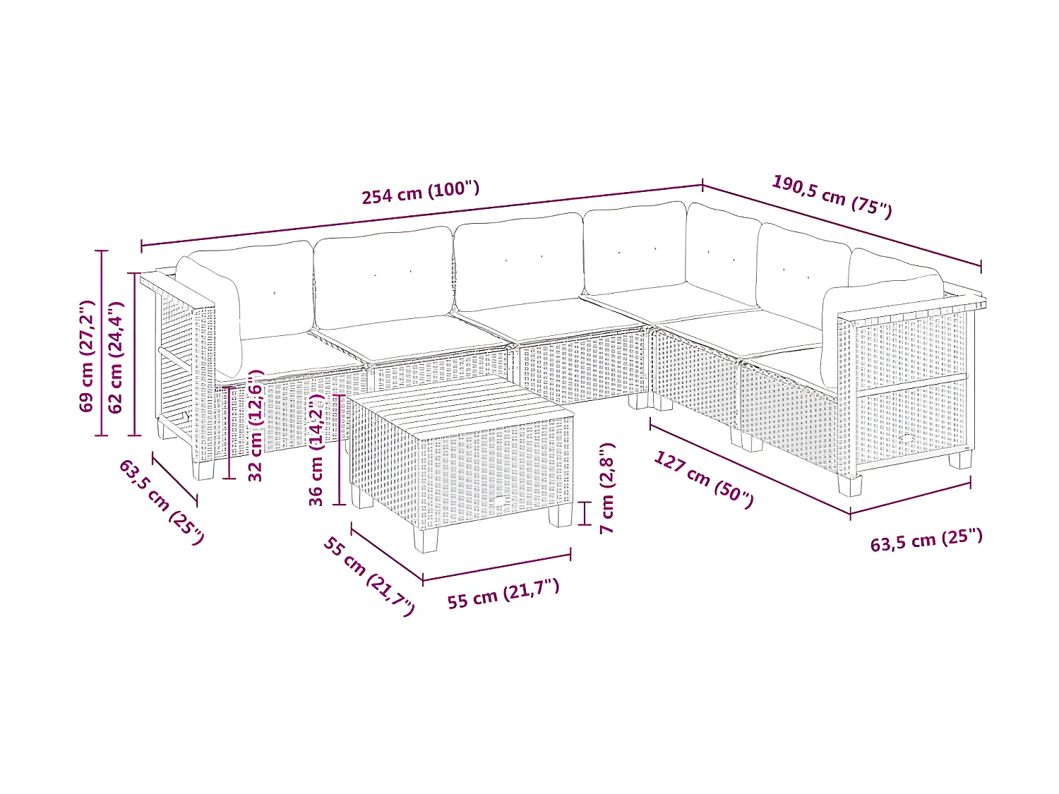 Salon de jardin avec coussins 7 pcs gris résine tressée