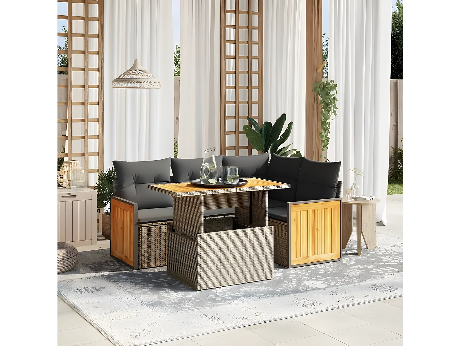 Salon de jardin 5 pcs avec coussins gris résine tressée