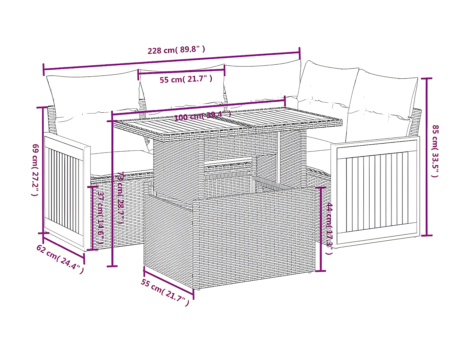 Salon de jardin 5 pcs avec coussins gris résine tressée