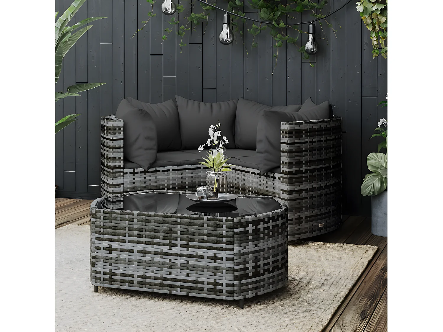 Salon de jardin 4 pcs avec coussins Gris Résine tressée