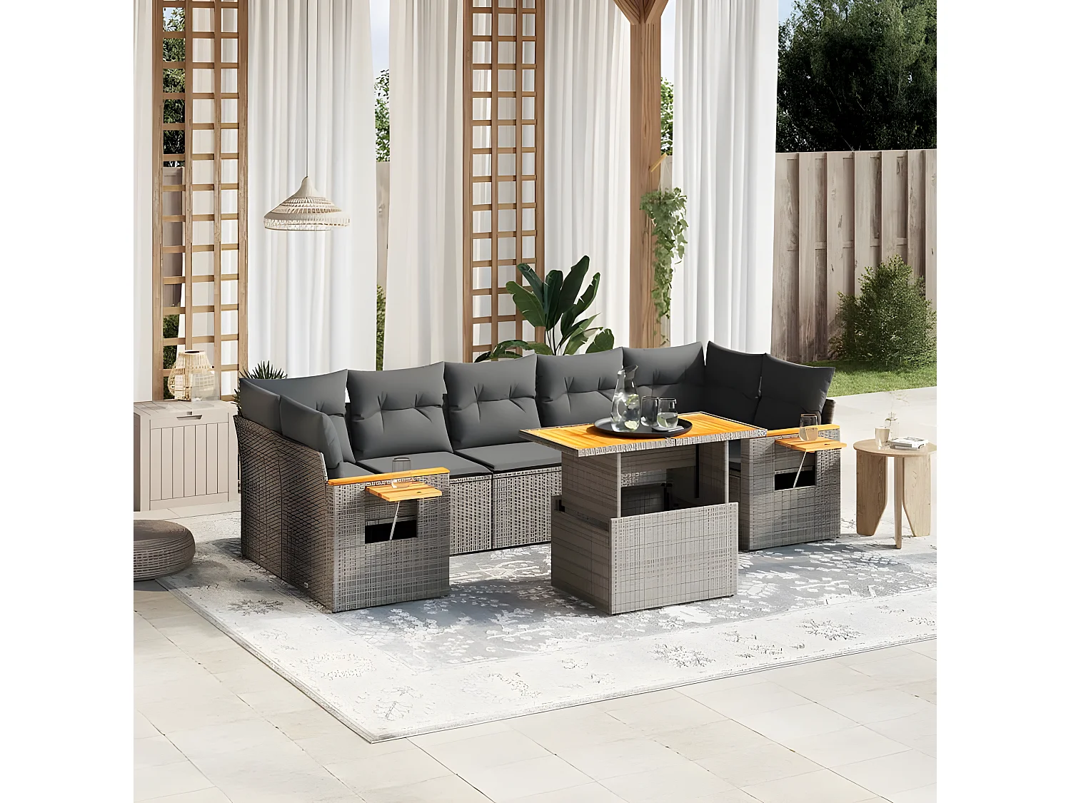Salon de jardin 8 pcs avec coussins gris résine tressée
