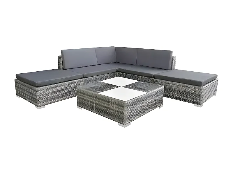 Salon de jardin 6 pièces résine tressée coussins gris Kim 3