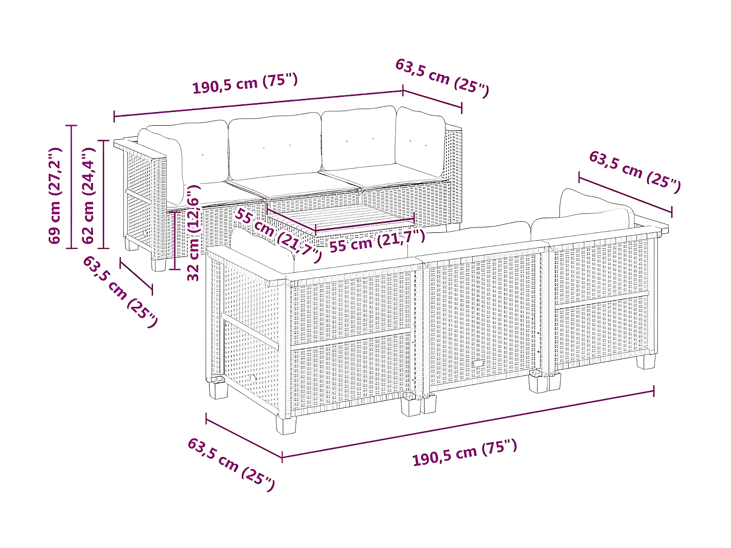 vidaXL Set de sofás de jardín 7 pzas con cojines ratán sintético gris