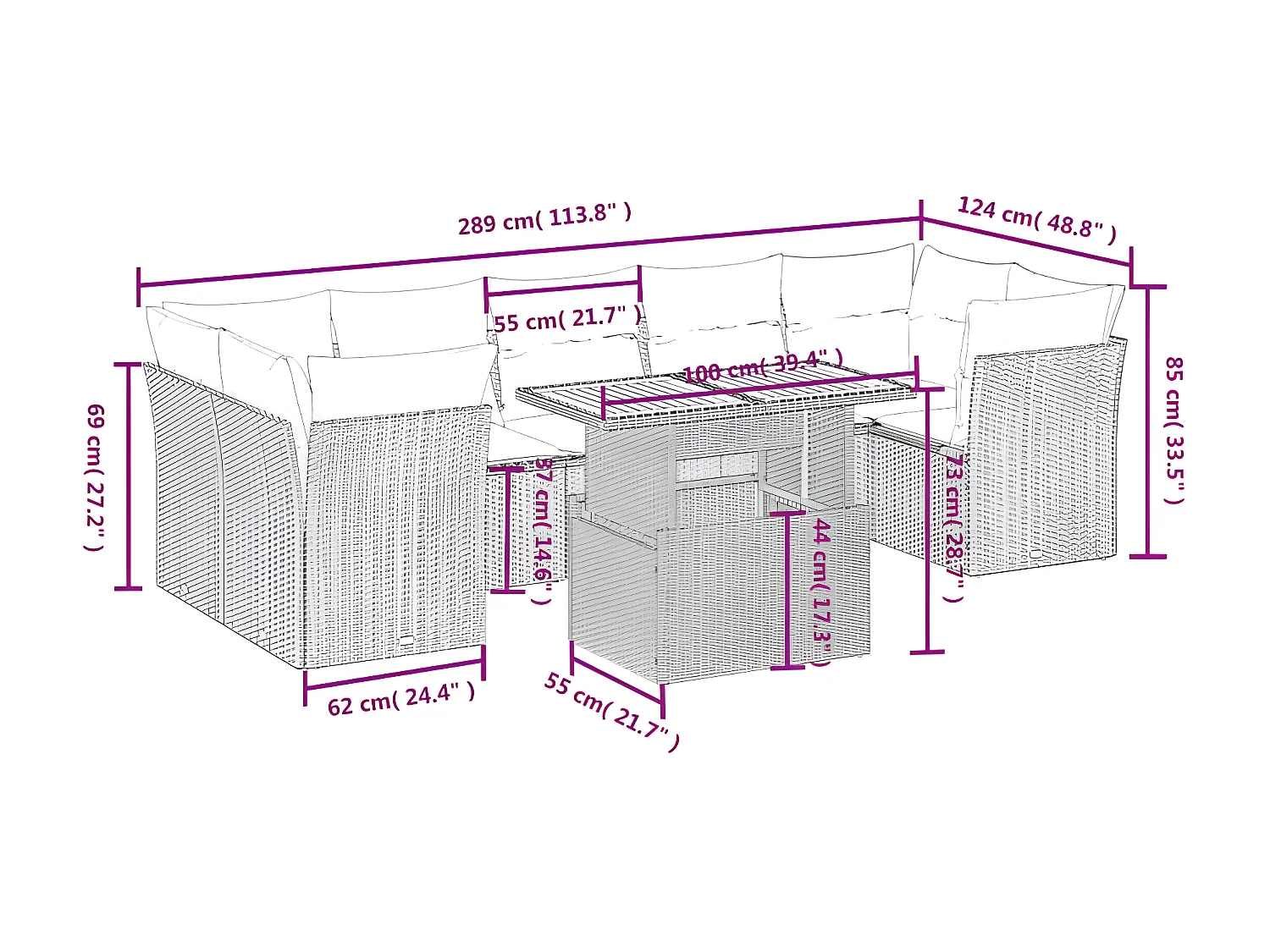 Salon de jardin 8 pcs avec coussins gris résine tressée
