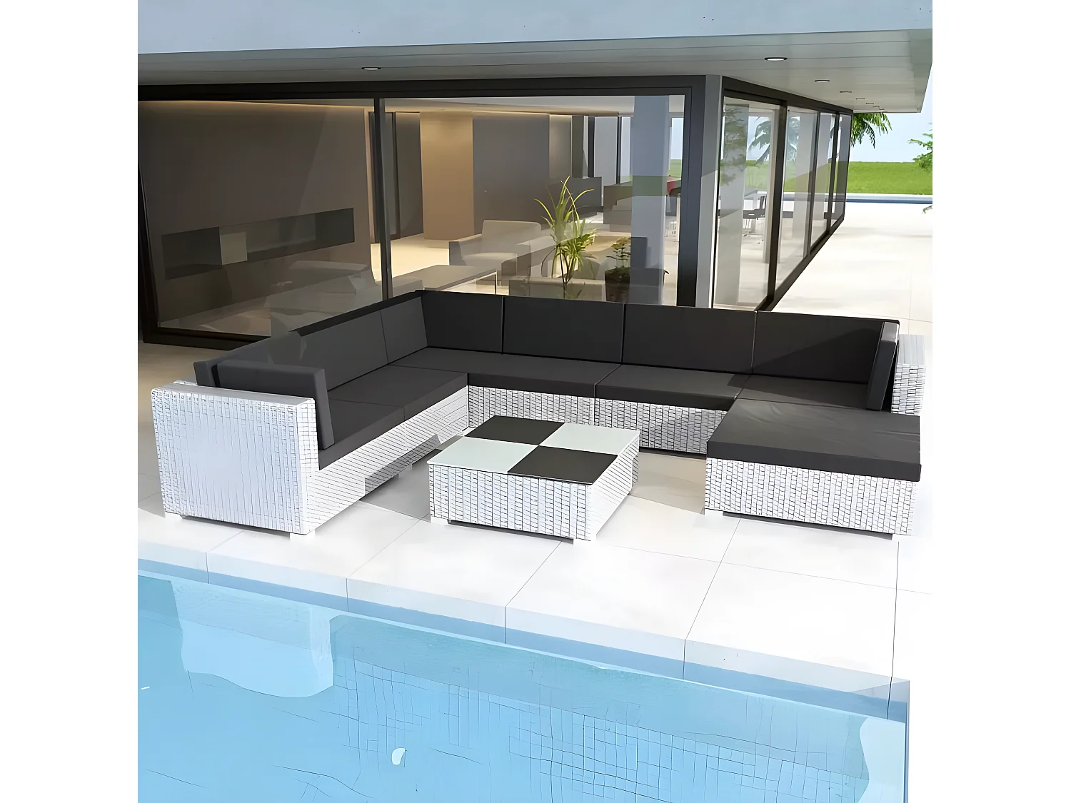 Salon de jardin 8 pièces résine tressée blanc coussins noir Kim