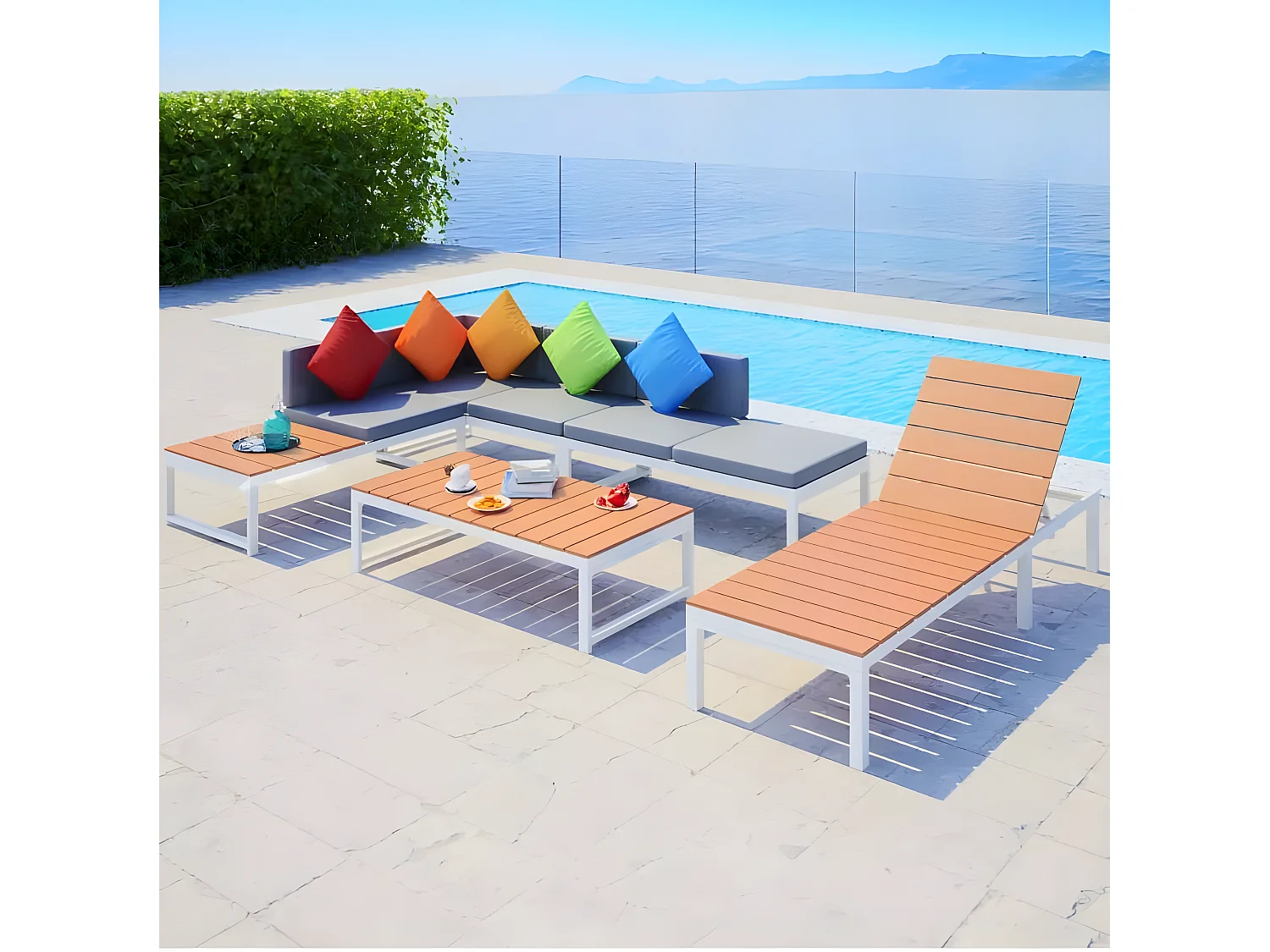 Salon de jardin 5 pièces métal blanc coussins gris Casey