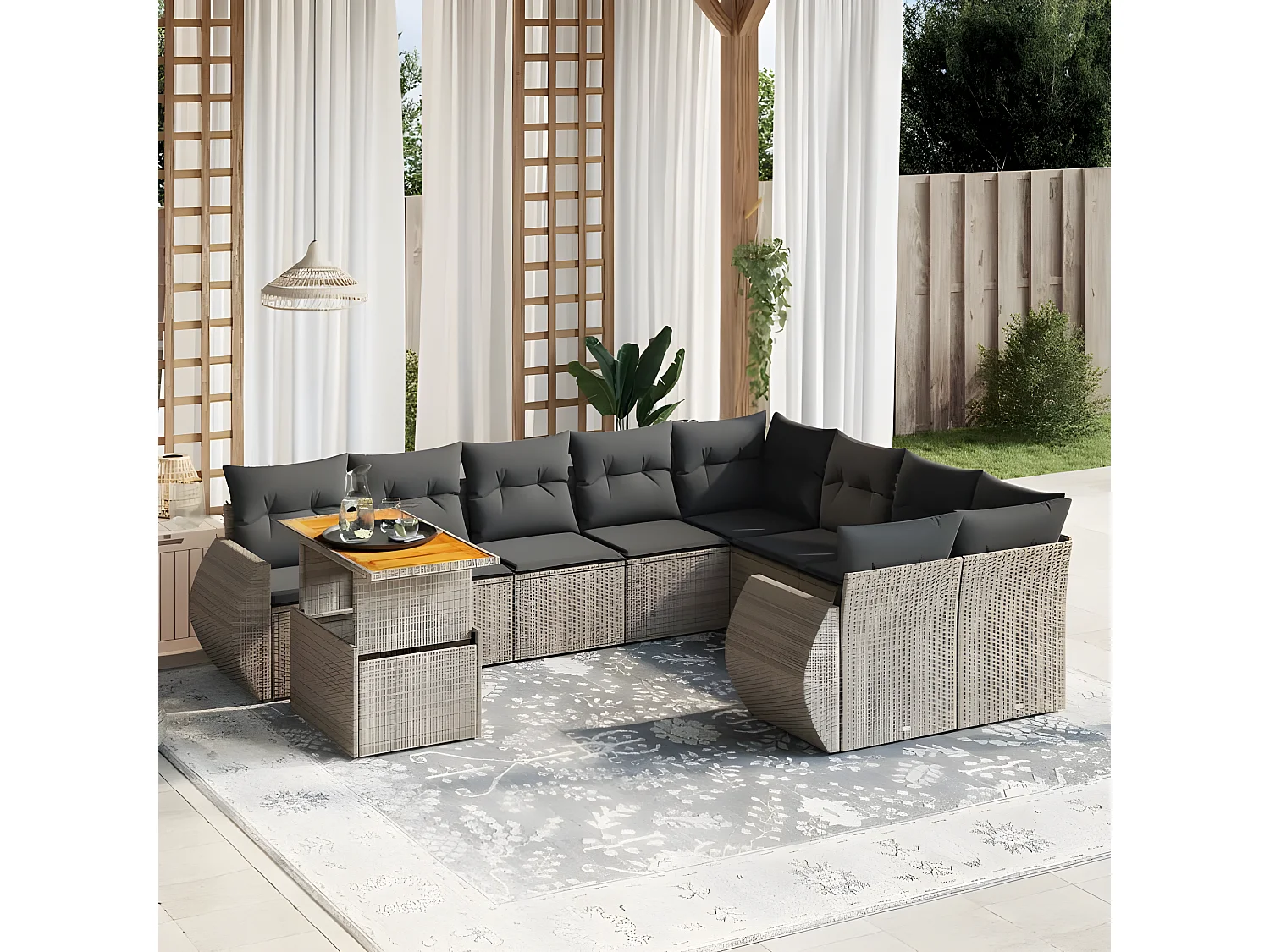 Salon de jardin avec coussins 10 pcs gris résine tressée