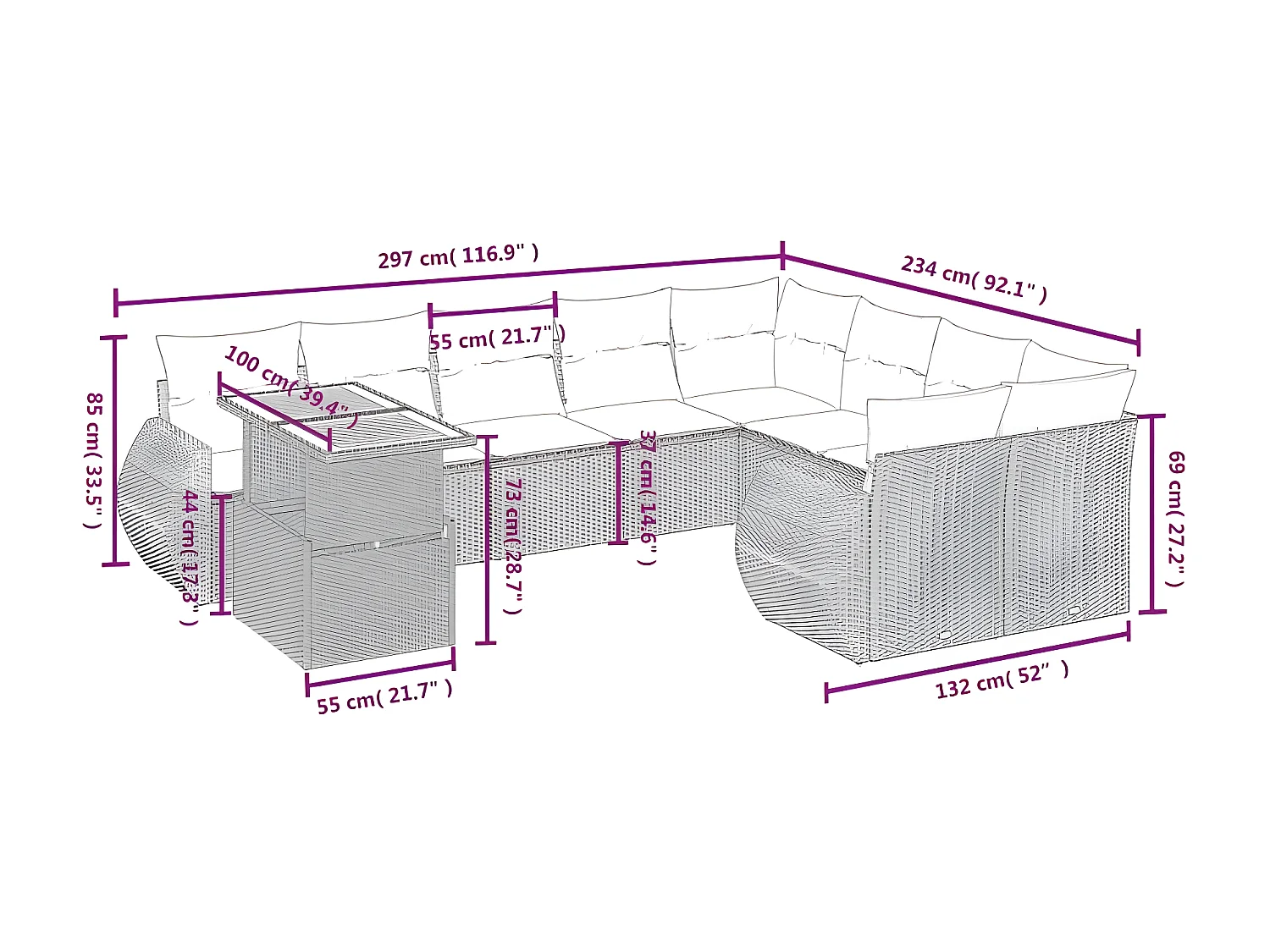 Salon de jardin avec coussins 10 pcs gris résine tressée