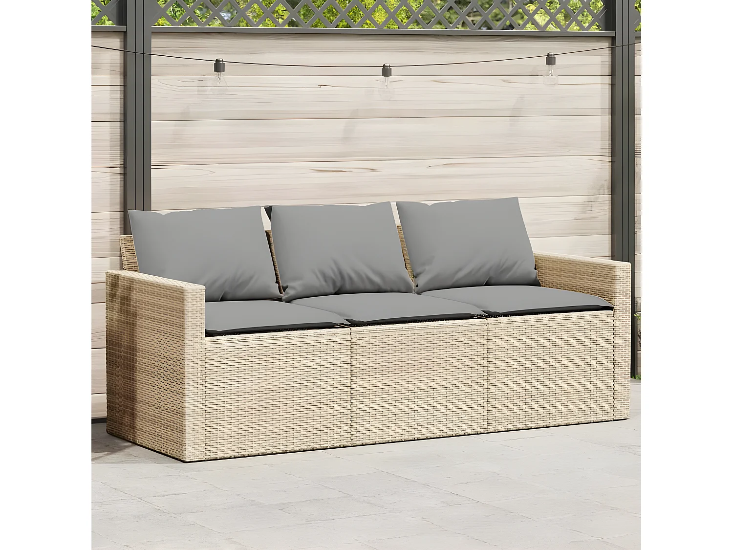 Canapé de jardin avec coussins 3 places beige résine tressée