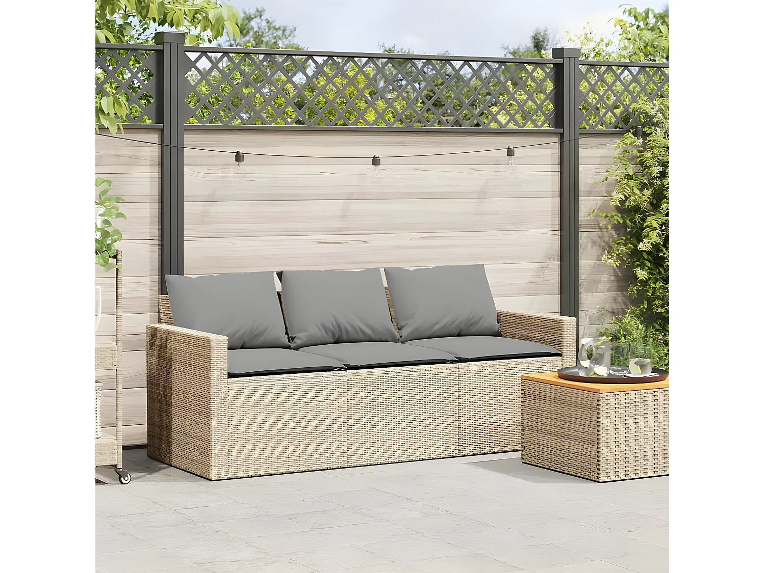 Canapé de jardin avec coussins 3 places beige résine tressée