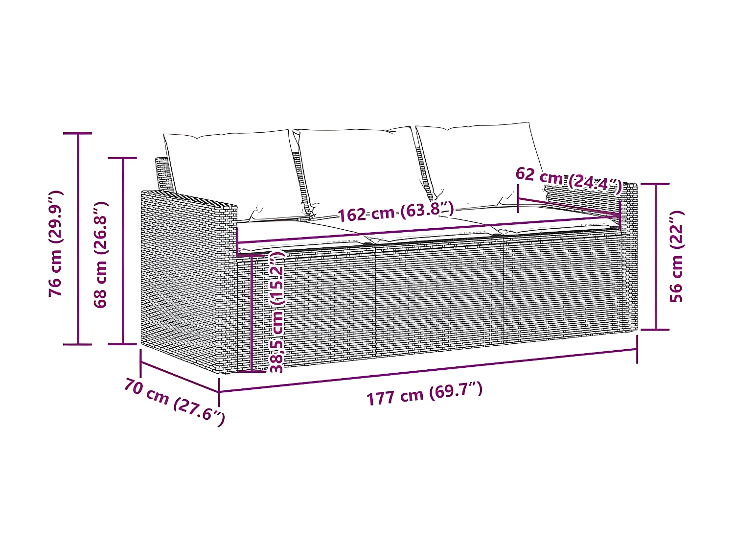Canapé de jardin avec coussins 3 places beige résine tressée