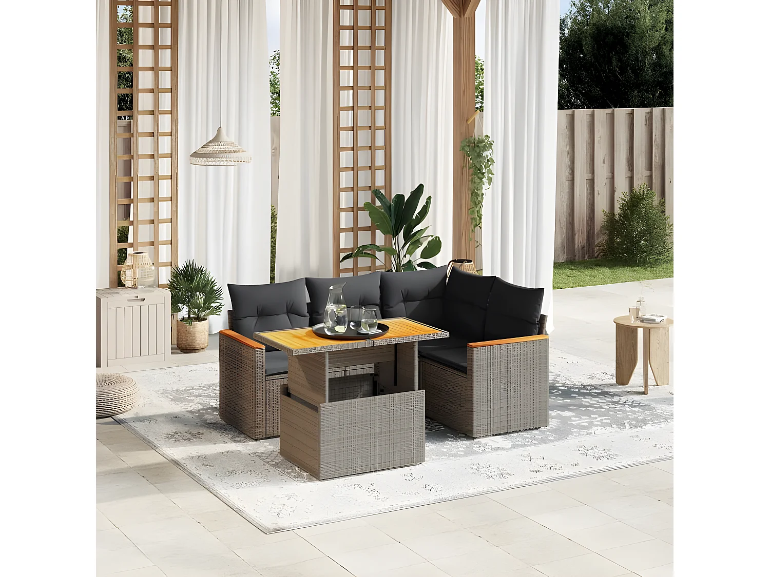 Salon de jardin 5 pcs avec coussins gris résine tressée