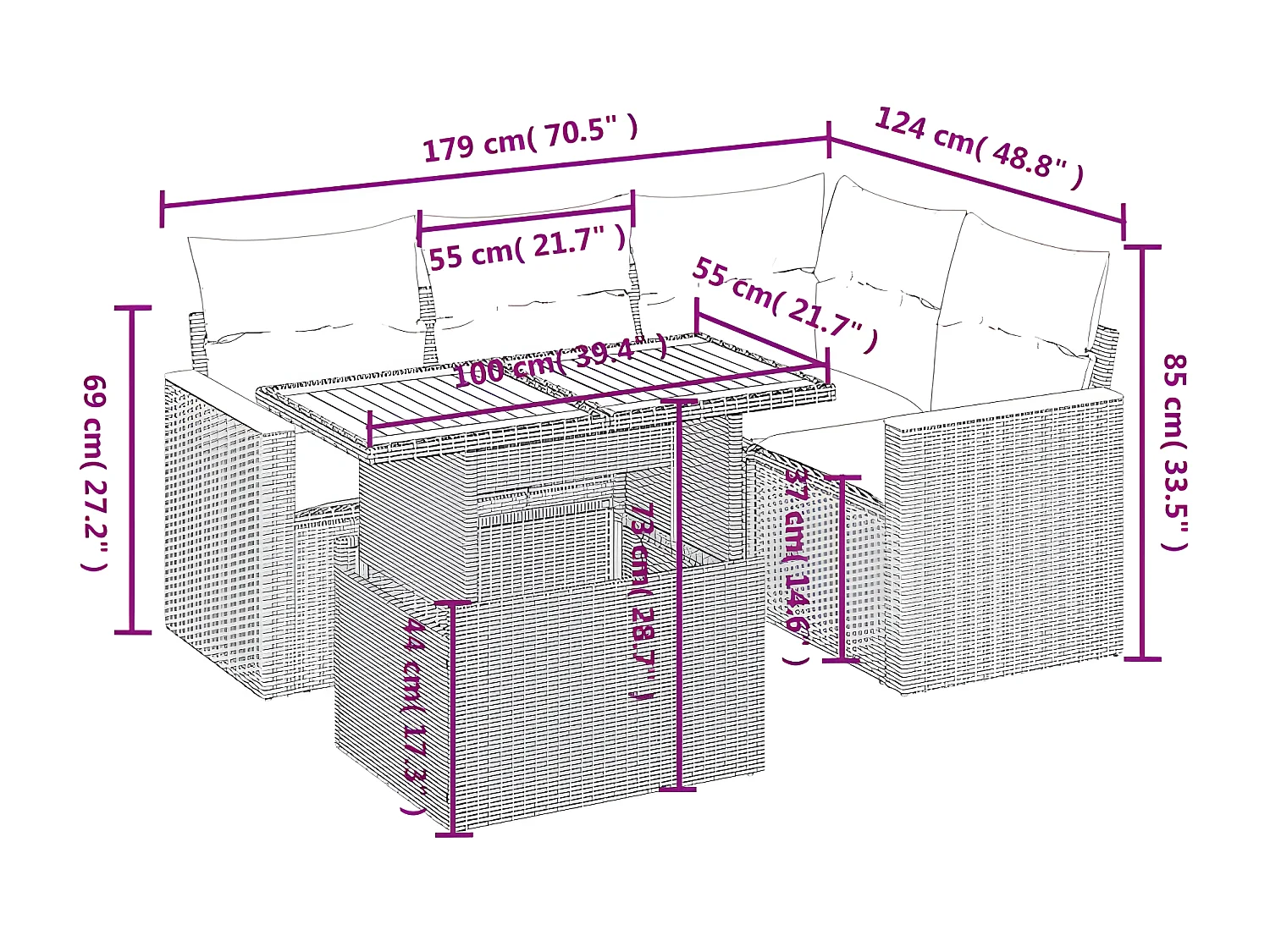 Salon de jardin 5 pcs avec coussins gris résine tressée