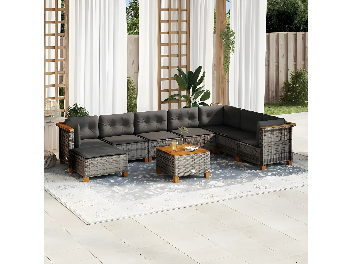 Salon de jardin 9 pcs avec coussins gris résine tressée