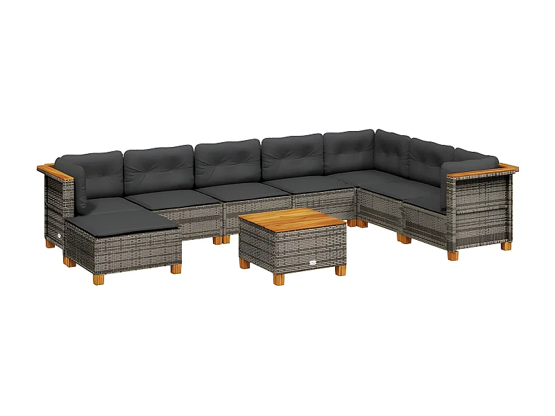 Salon de jardin 9 pcs avec coussins gris résine tressée