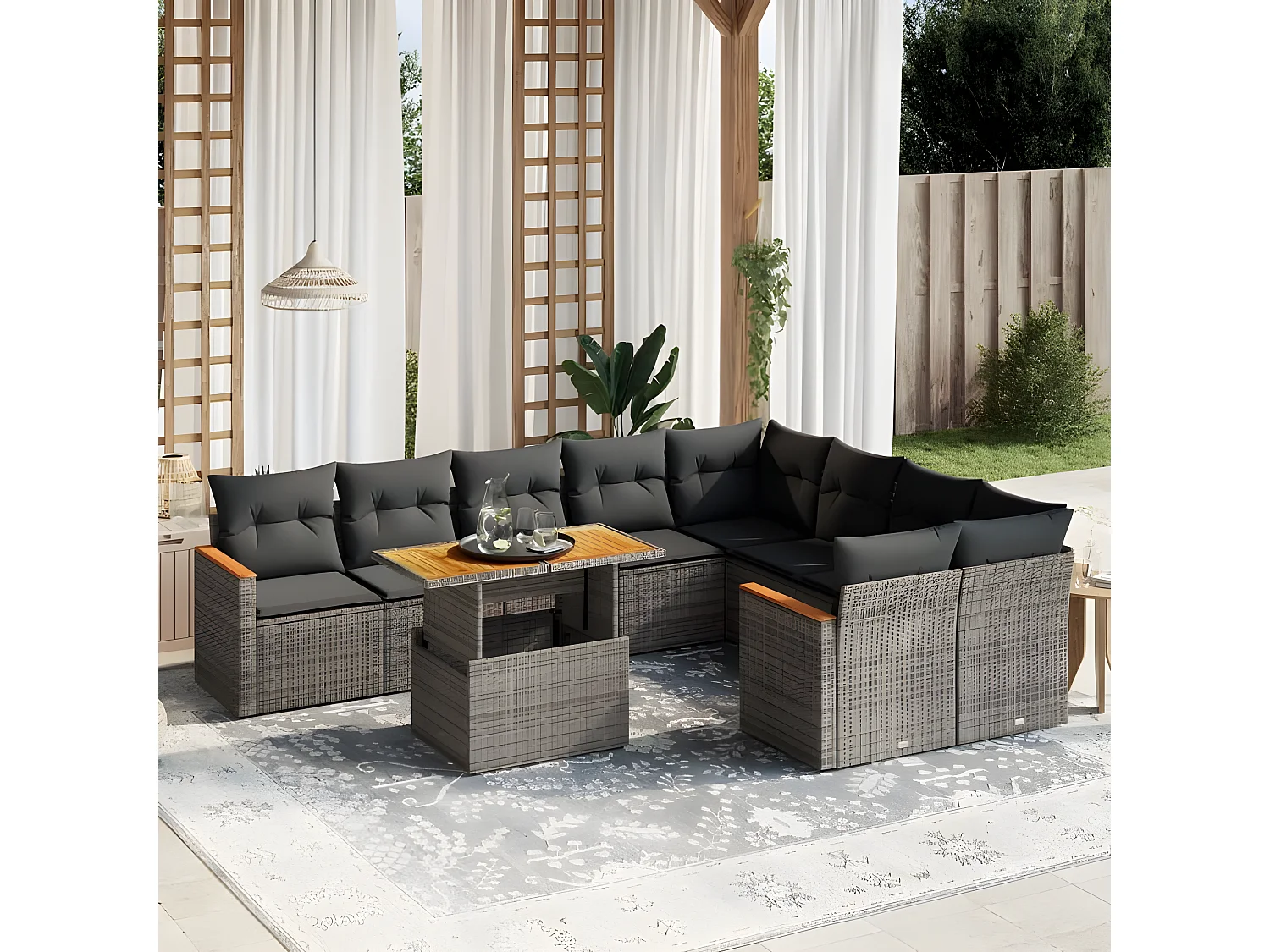 Salon de jardin avec coussins 10 pcs gris résine tressée