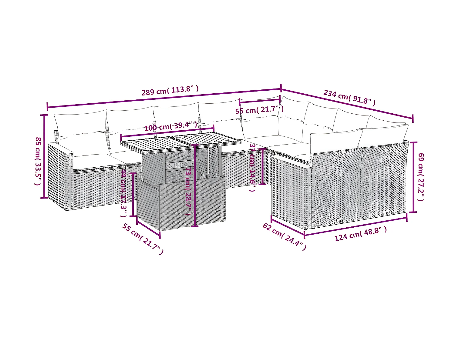 Salon de jardin avec coussins 10 pcs gris résine tressée