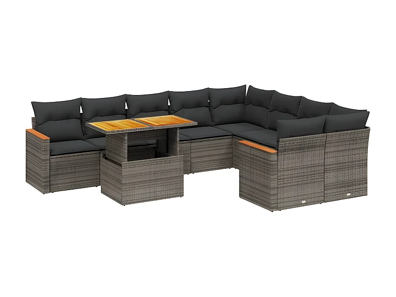 Salon de jardin avec coussins 10 pcs gris résine tressée