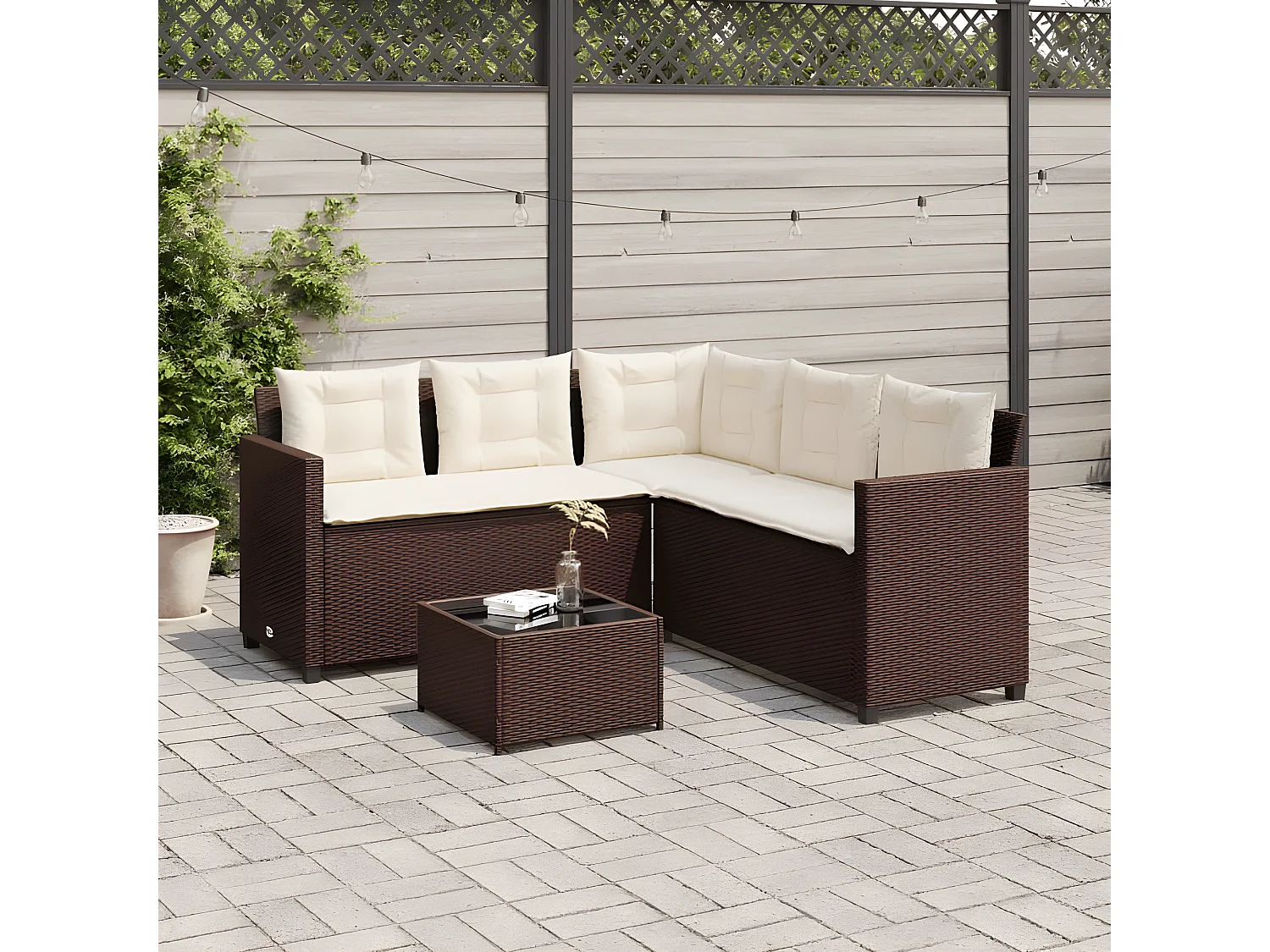 Canapé de jardin avec table et coussins en forme de L marron