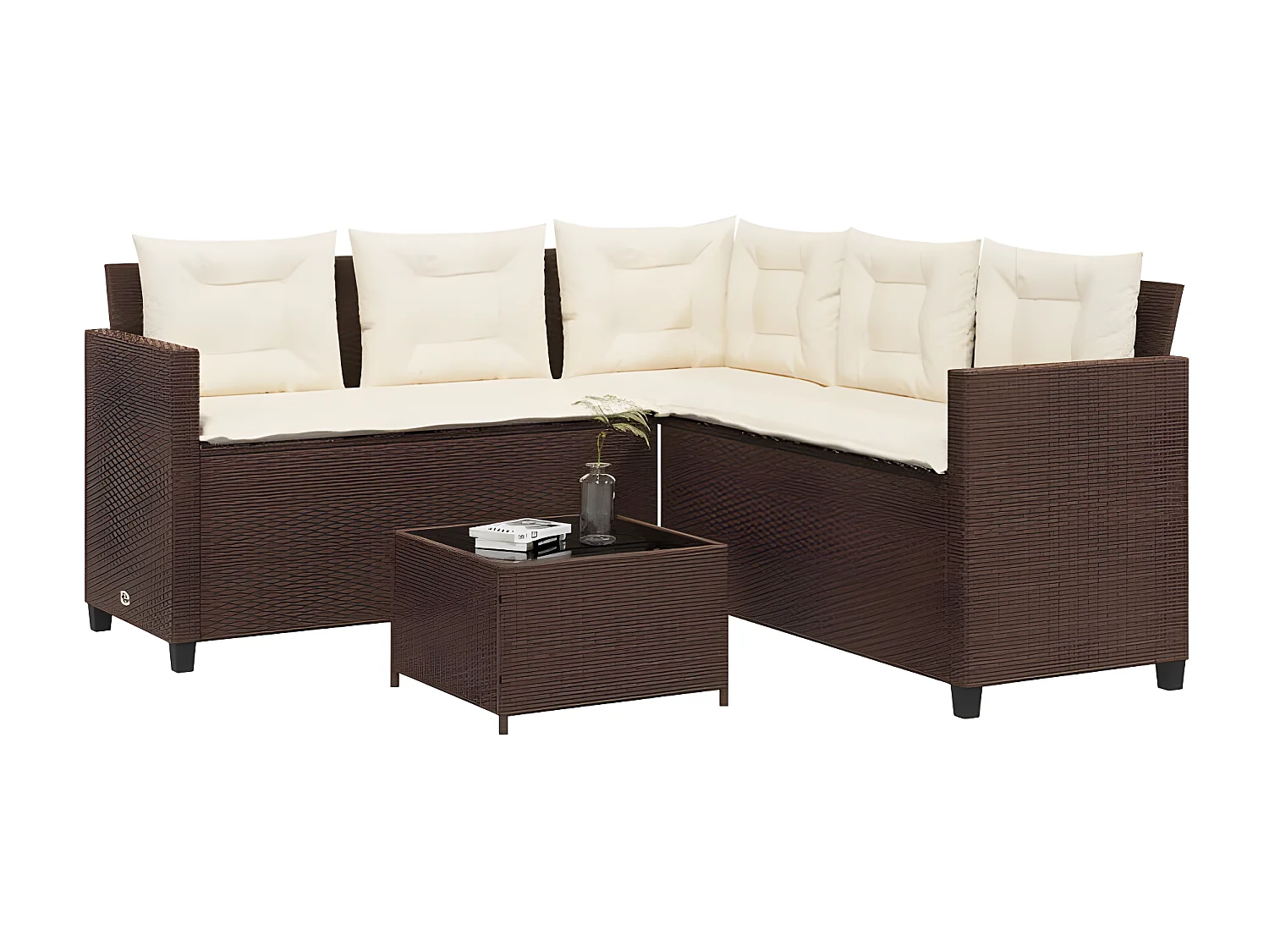 Canapé de jardin avec table et coussins en forme de L marron