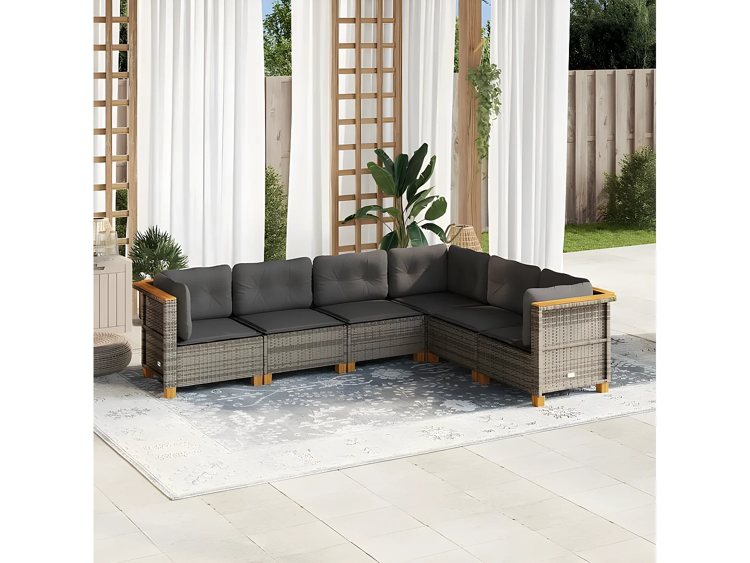 Salon de jardin 6 pcs avec coussins gris résine tressée