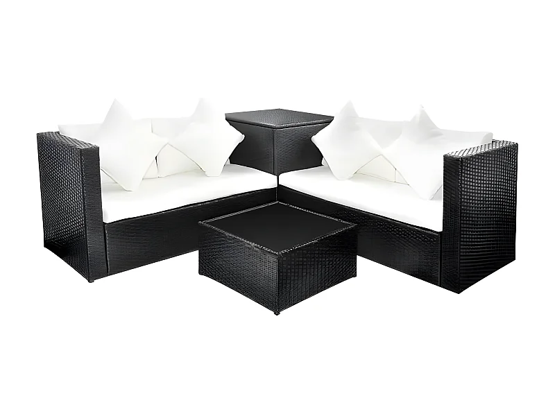 Salon de jardin 4 pièces résine tressée noir et coussins blanc Kim