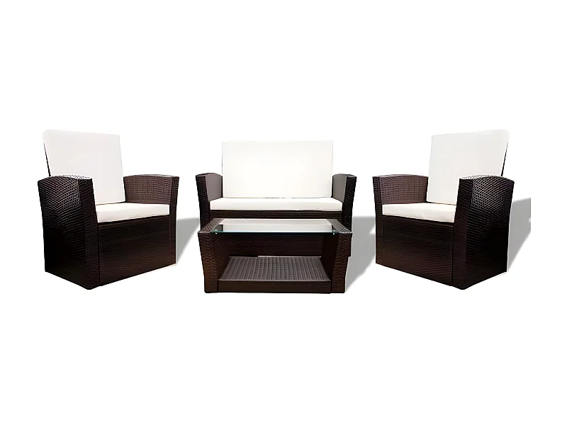 Salon de jardin 4 pièces résine tressée marron et coussins blanc Kim 3
