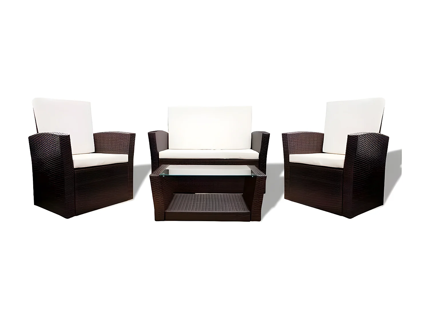 Salon de jardin 4 pièces résine tressée marron et coussins blanc Kim 3