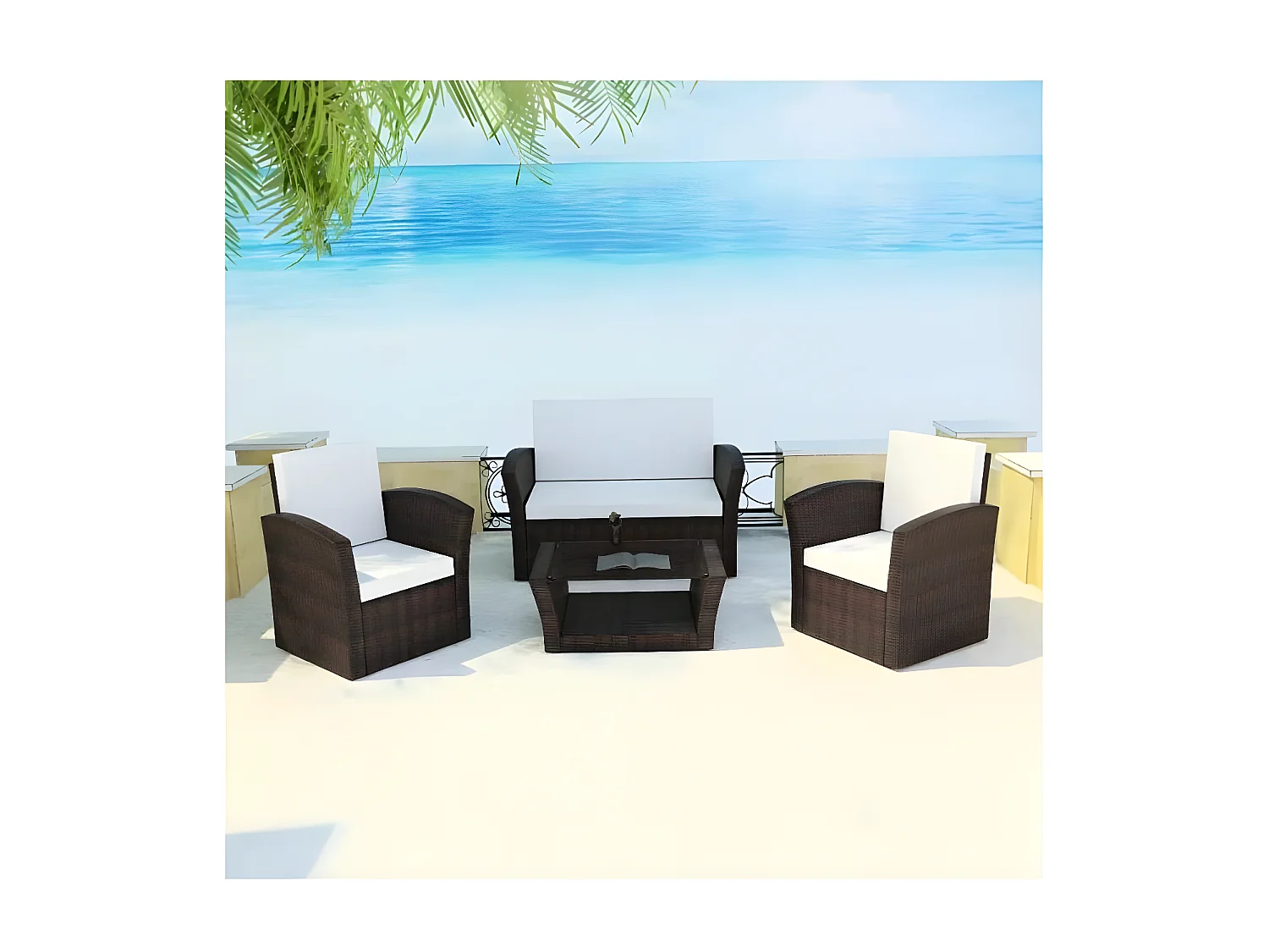 Salon de jardin 4 pièces résine tressée marron et coussins blanc Kim 3