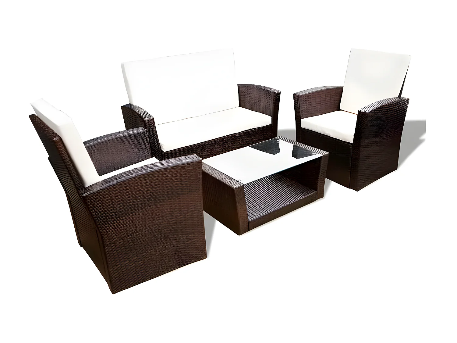 Salon de jardin 4 pièces résine tressée marron et coussins blanc Kim 3