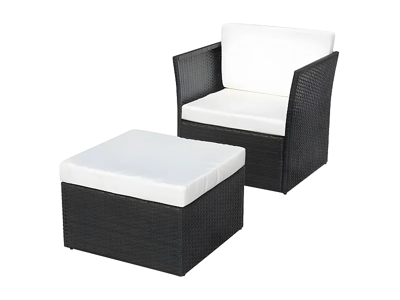 Salon de jardin 2 pièces résine tressée noir coussins blanc Mik