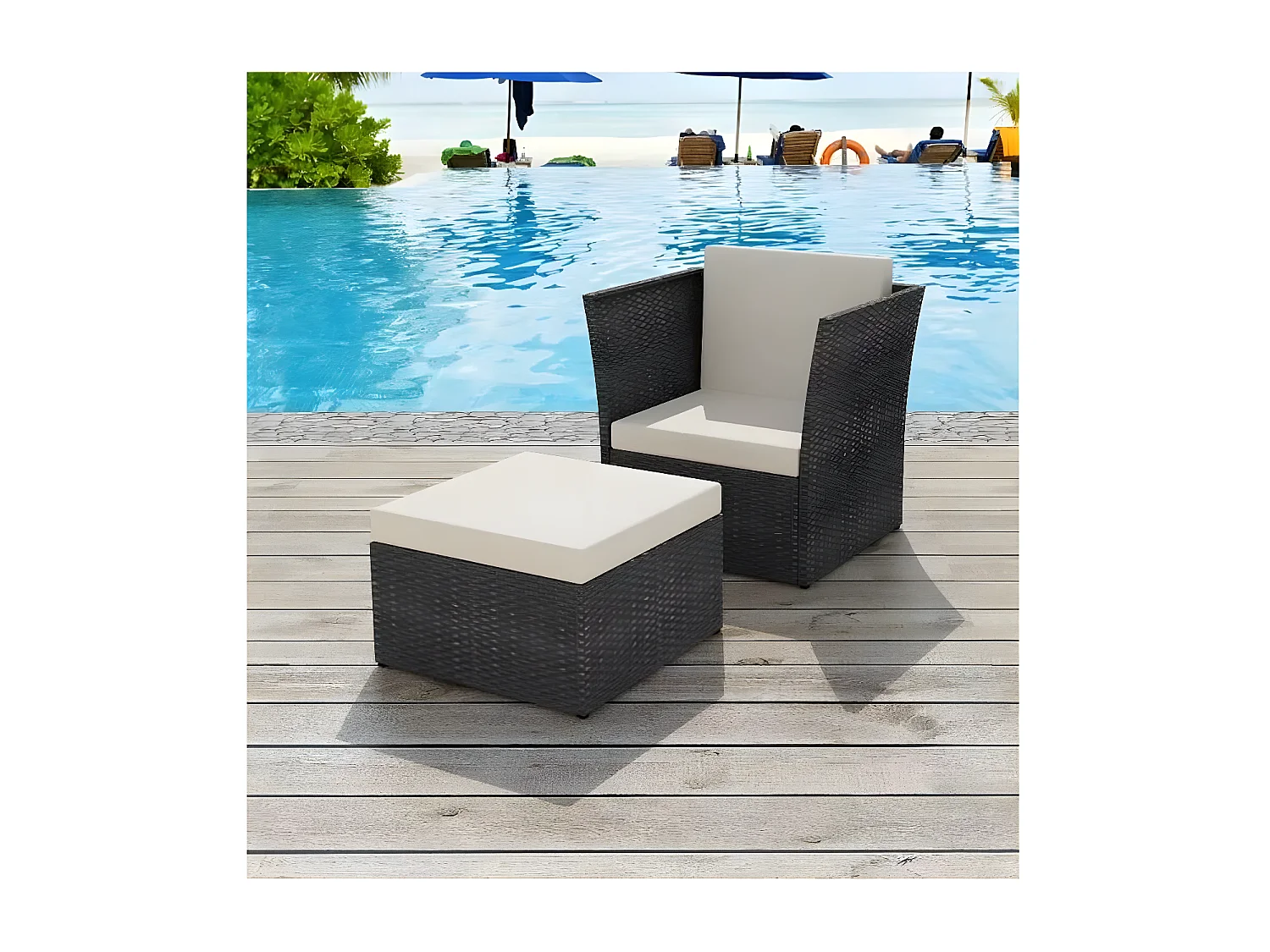 Salon de jardin 2 pièces résine tressée noir coussins blanc Mik