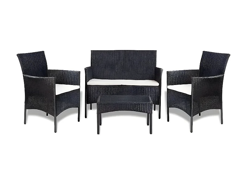 Salon de jardin 4 pièces résine tressée noir coussins blanc Mik