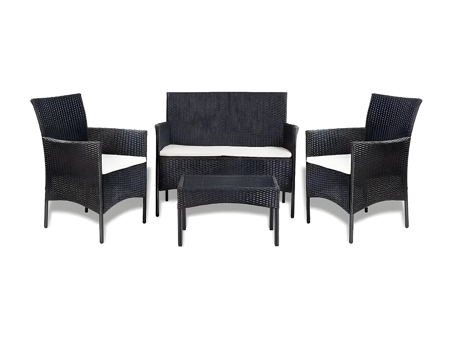 Salon de jardin 4 pièces résine tressée noir coussins blanc Mik