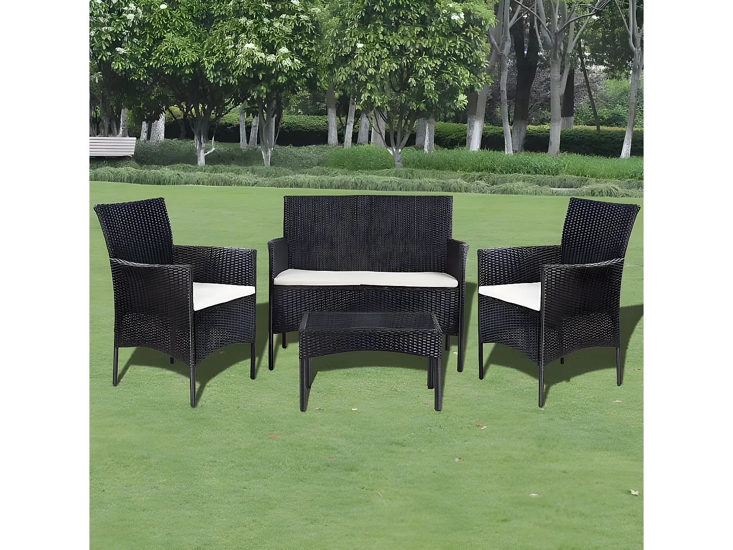 Salon de jardin 4 pièces résine tressée noir coussins blanc Mik