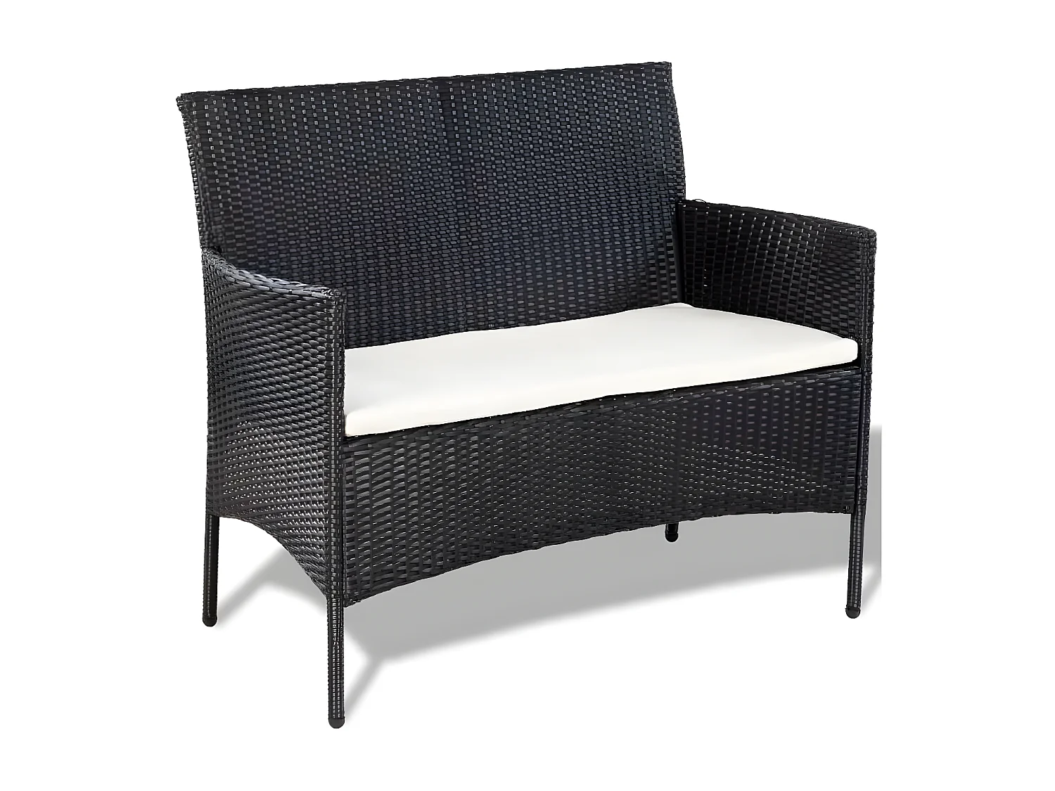 Salon de jardin 4 pièces résine tressée noir coussins blanc Mik