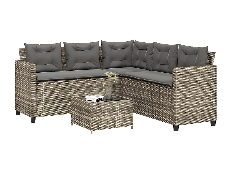 Canapé de jardin avec table et coussins en forme de L gris